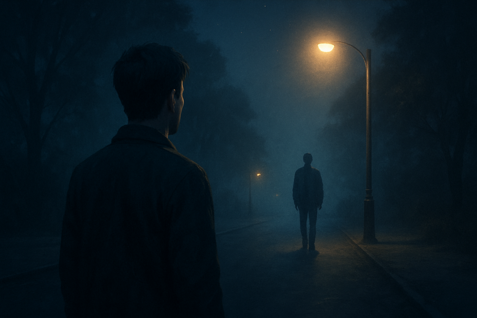 Sen o spotkaniu z kimś, kogo dawno nie widzisz – sylwetki dwóch osób na nocnej, zamglonej ulicy