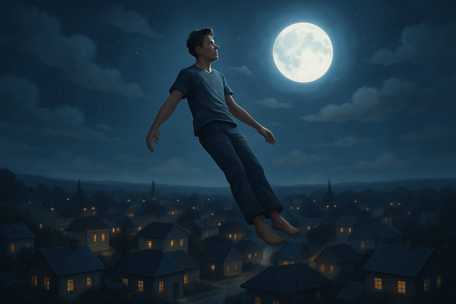 Mężczyzna unoszący się nad oświetlonym nocą miasteczkiem na tle pełni księżyca i chmur