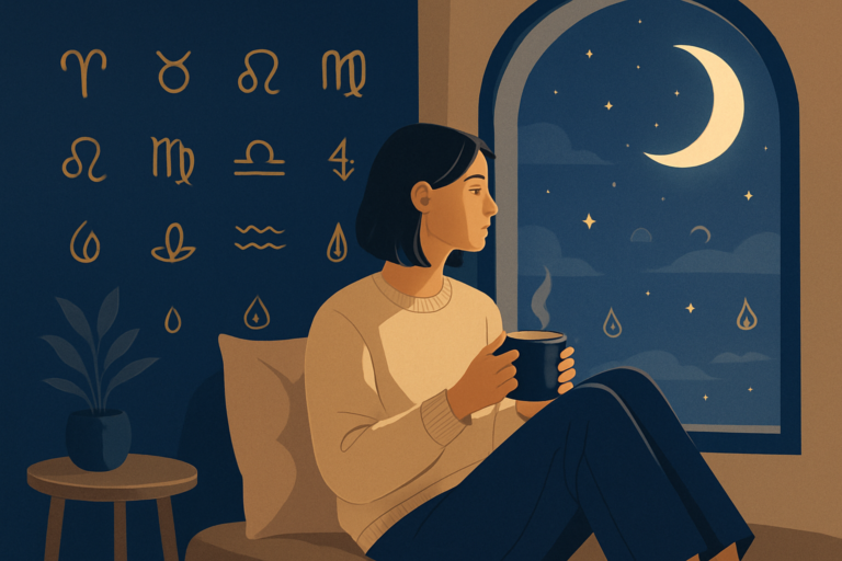 Ilustracja osoby siedzącej nocą przy oknie z kubkiem napoju, w spokojnym wnętrzu z rośliną i symbolami astrologicznymi na ścianie.