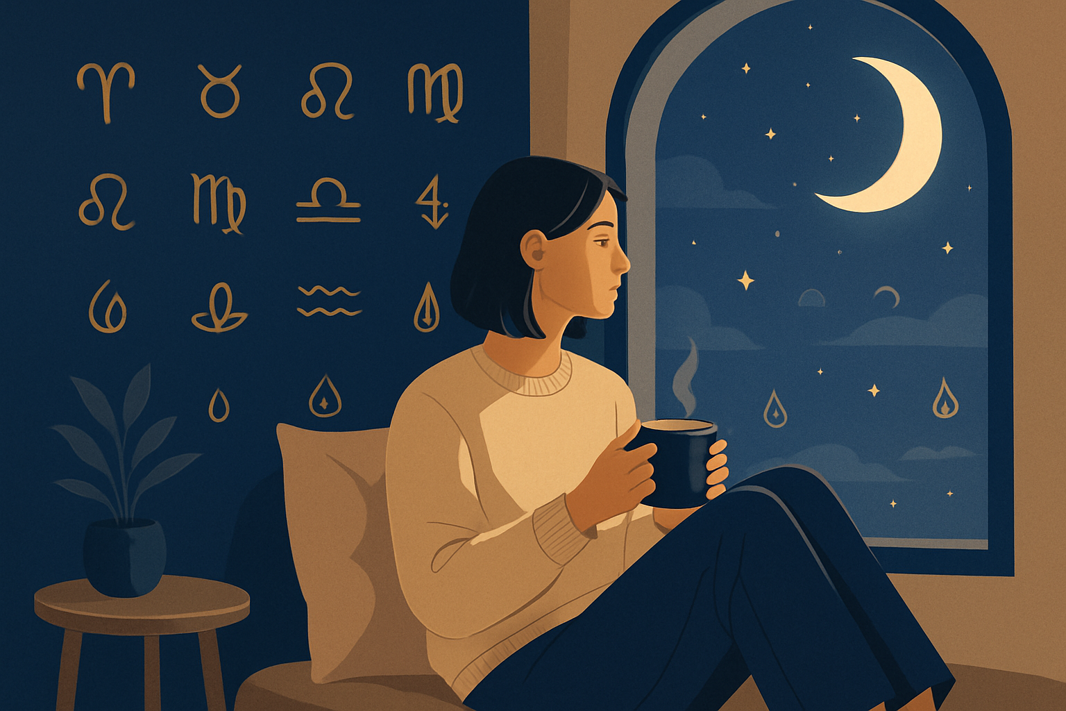Ilustracja osoby siedzącej nocą przy oknie z kubkiem napoju, w spokojnym wnętrzu z rośliną i symbolami astrologicznymi na ścianie.