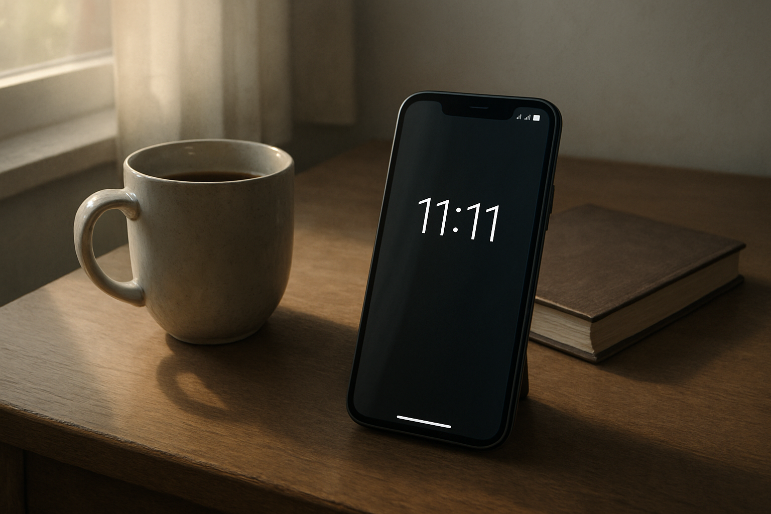 Smartfon wyświetlający godzinę 11:11 stoi obok kubka i zamkniętego notesu na drewnianym biurku