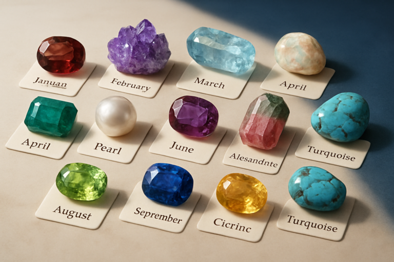 Kolorowe kamienie szlachetne ułożone na kartach z nazwami miesięcy i kamieni, m.in. January, February, March, Pearl, June, Alexandrite i Turquoise.