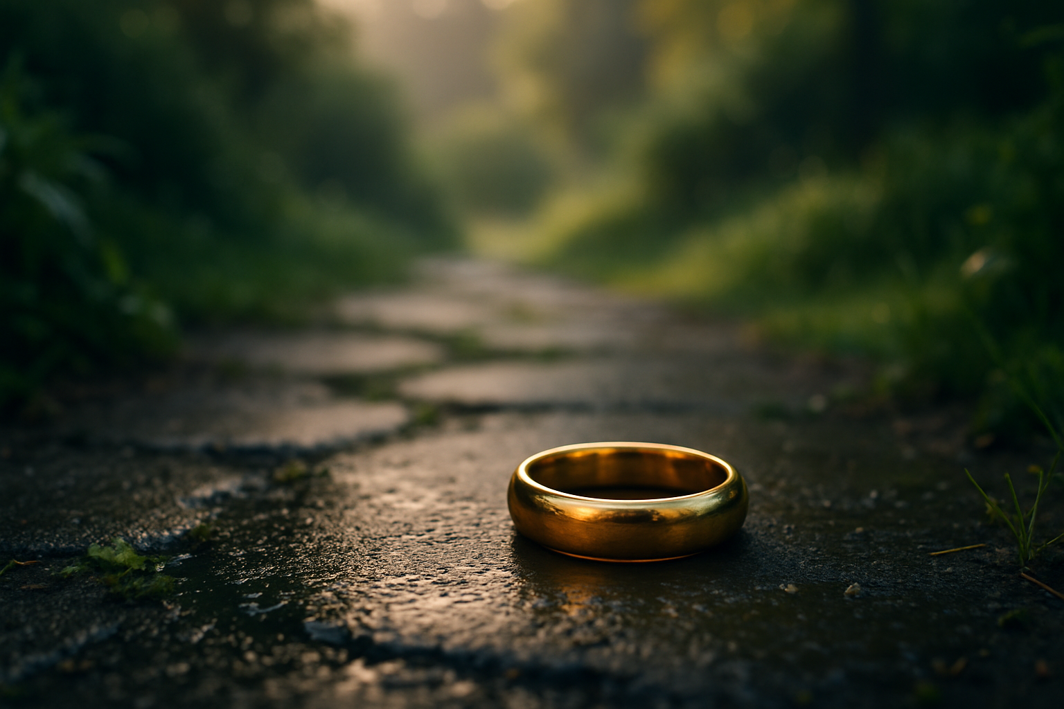 Złota obrączka leżąca samotnie na mokrej ścieżce wśród zieleni, symbolizująca sen o zgubionej obrączce