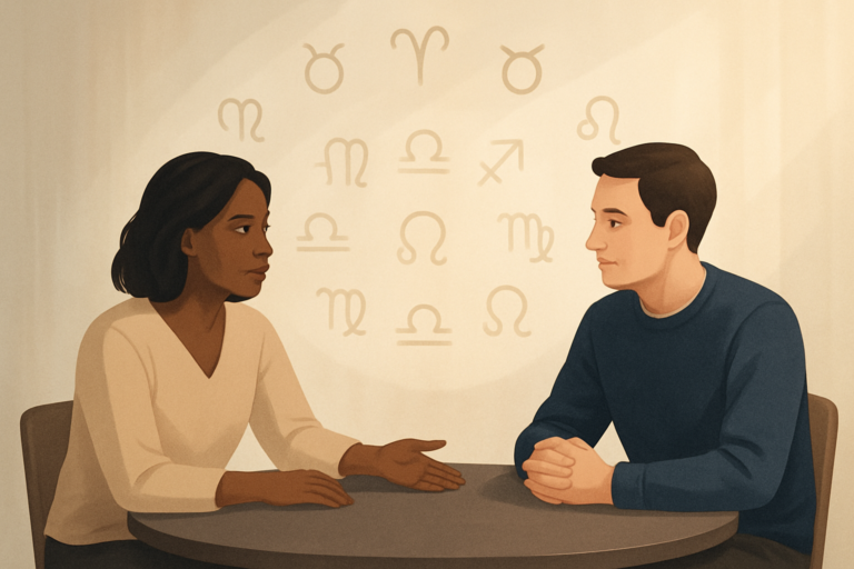 Ilustracja przedstawia kobietę i mężczyznę rozmawiających przy stole na tle symboli znaków zodiaku.