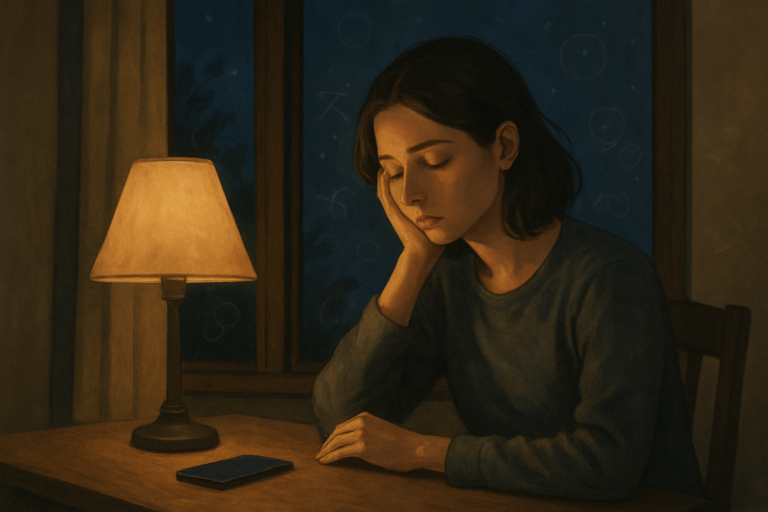 Zamyślona kobieta siedzi przy stole obok zapalonej lampy; na blacie leży telefon.