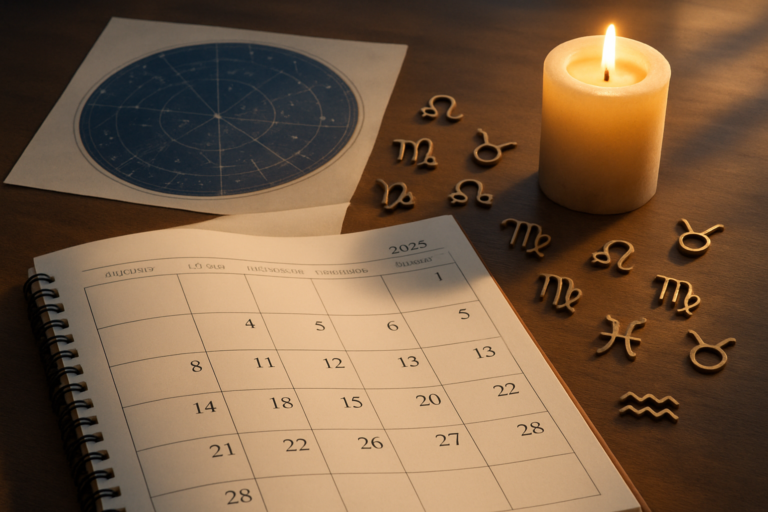 Kalendarz na 2025 rok obok mapy gwiazd, symboli zodiaku i zapalonej świecy