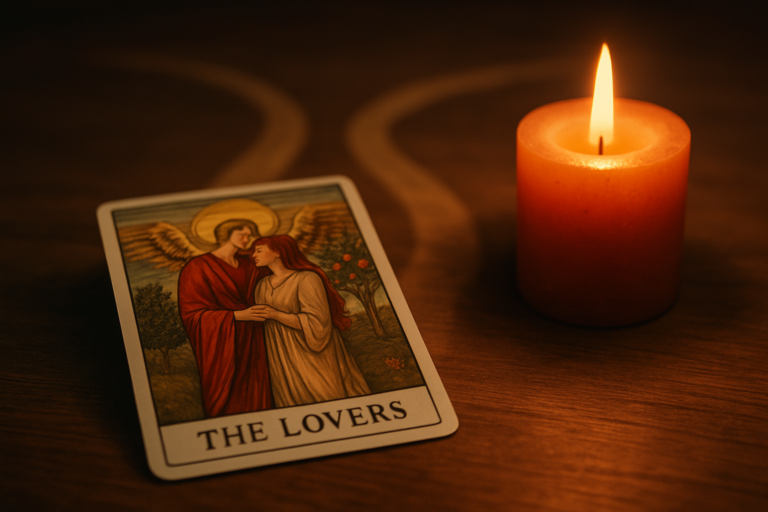Karta tarota „The Lovers” leżąca obok zapalonej czerwonej świecy na ciemnym drewnianym stole.