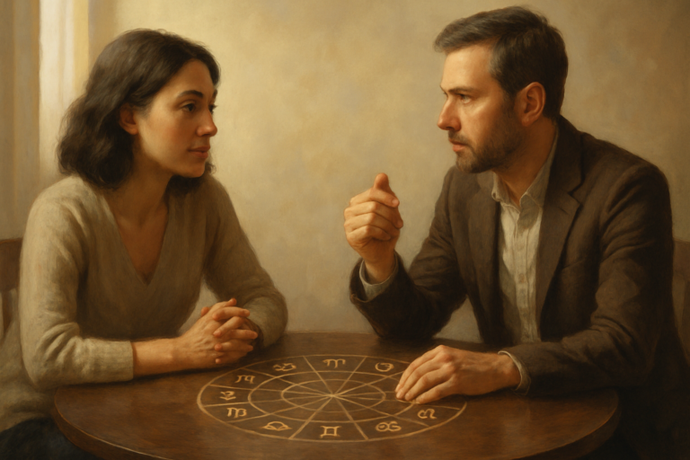 Kobieta i mężczyzna siedzą przy okrągłym stole z narysowanym diagramem symboli astrologicznych, pogrążeni w rozmowie.