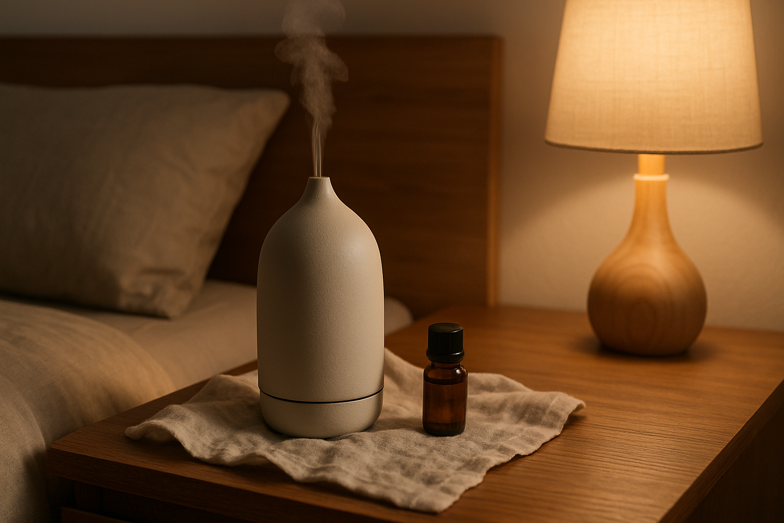 aromaterapia przed snem — Dyfuzor zapachowy i buteleczka olejku na stoliku nocnym przy łóżku, przygotowane do aromaterapii przed snem