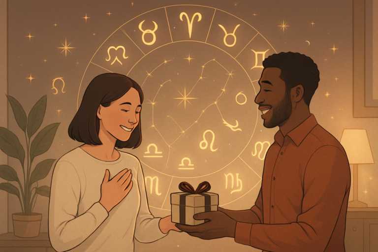 Uśmiechnięty mężczyzna wręcza kobiecie prezent, a za nimi widnieje dekoracyjny krąg ze znakami zodiaku