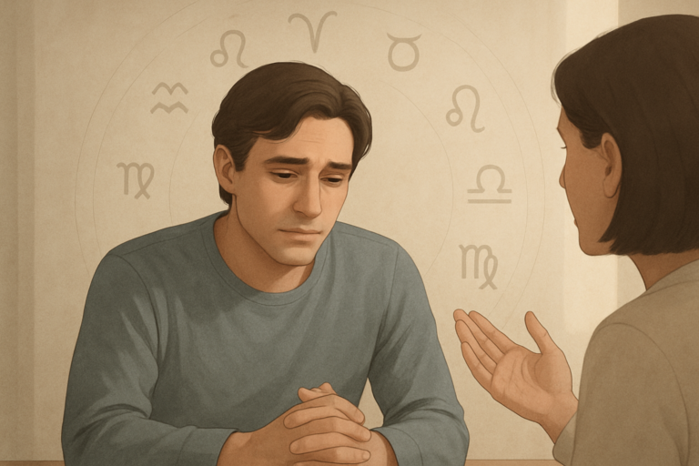 Mężczyzna siedzi z opuszczonym wzrokiem i splecionymi dłońmi, podczas gdy druga osoba gestykuluje w rozmowie; w tle widoczne są symbole zodiaku.