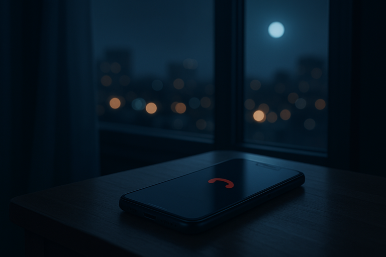 Smartfon leżący na ciemnym stoliku nocą, z rozświetlonym ekranem i nieostrym widokiem świateł za oknem