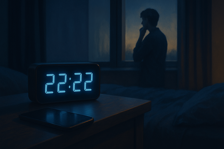 Cyfrowy zegar pokazujący 22:22 na stoliku nocnym, telefon obok i sylwetka osoby przy oknie w ciemnym pokoju