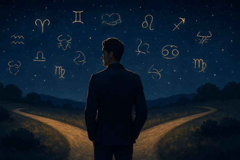 Rozdroże pod znakami zodiaku Osoba w garniturze stoi na rozdrożu pod nocnym niebem ozdobionym symbolami znaków zodiaku.