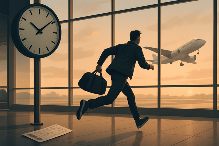 Podróżny z torbą biegnie przez terminal lotniczy; za oknami widać samolot, a na ścianie duży zegar.