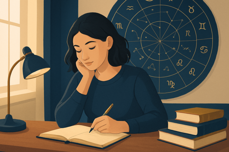 Osoba siedzi przy biurku, pisze w otwartym notesie i spogląda na biurko z lampką oraz stosem książek; w tle widać koło zodiaku.