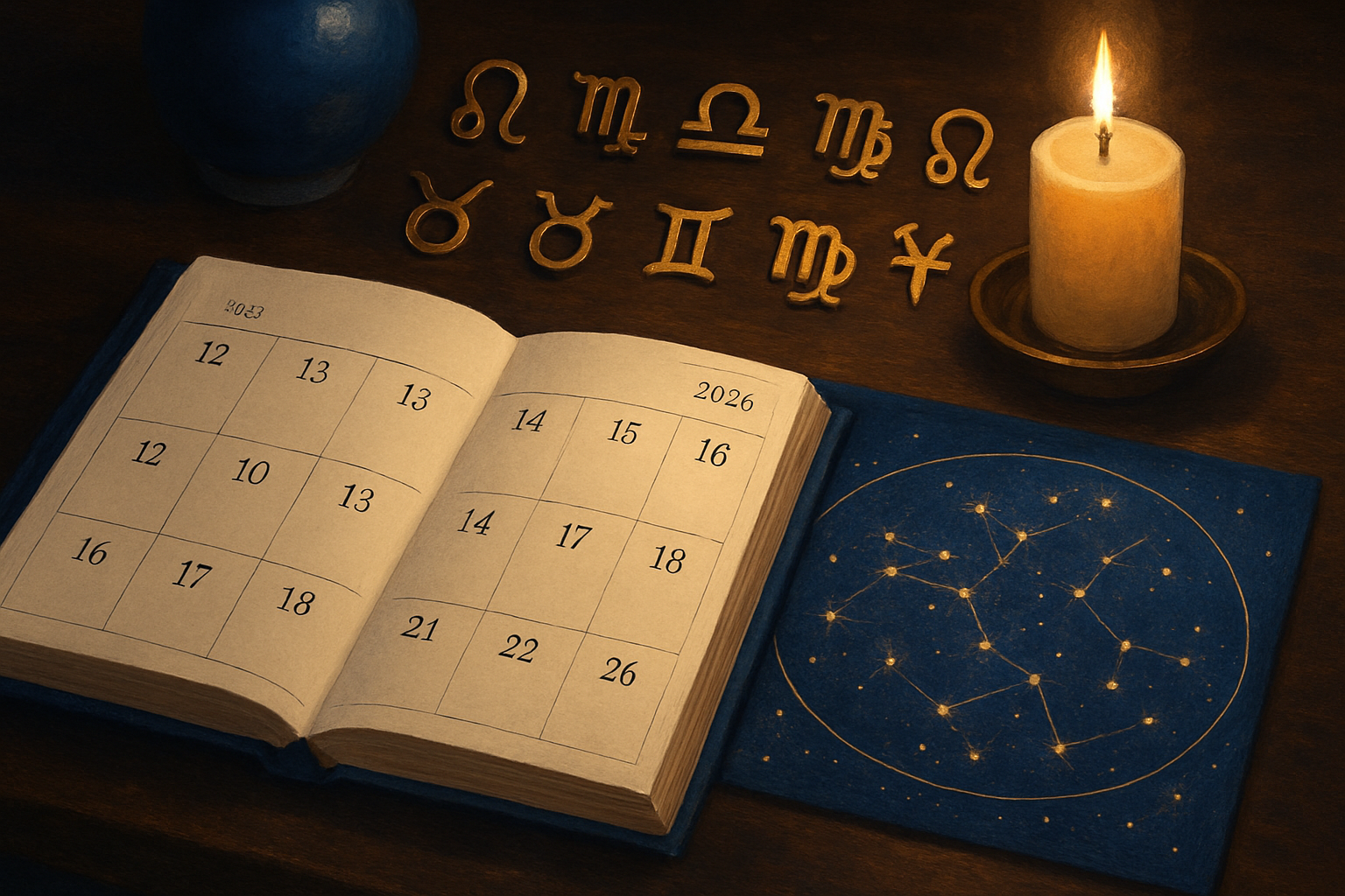 Otwarty kalendarz z datami, symbolami zodiaku, świecą i mapą gwiazdozbiorów na ciemnym tle