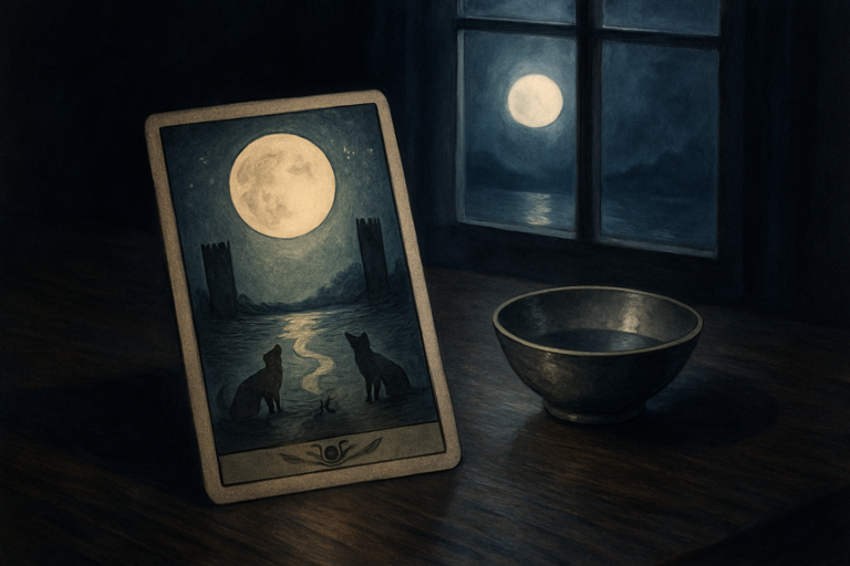 Karta z ilustracją pełni, dwóch wilków i odbicia księżyca w wodzie, ustawiona obok miski przy oknie nocą