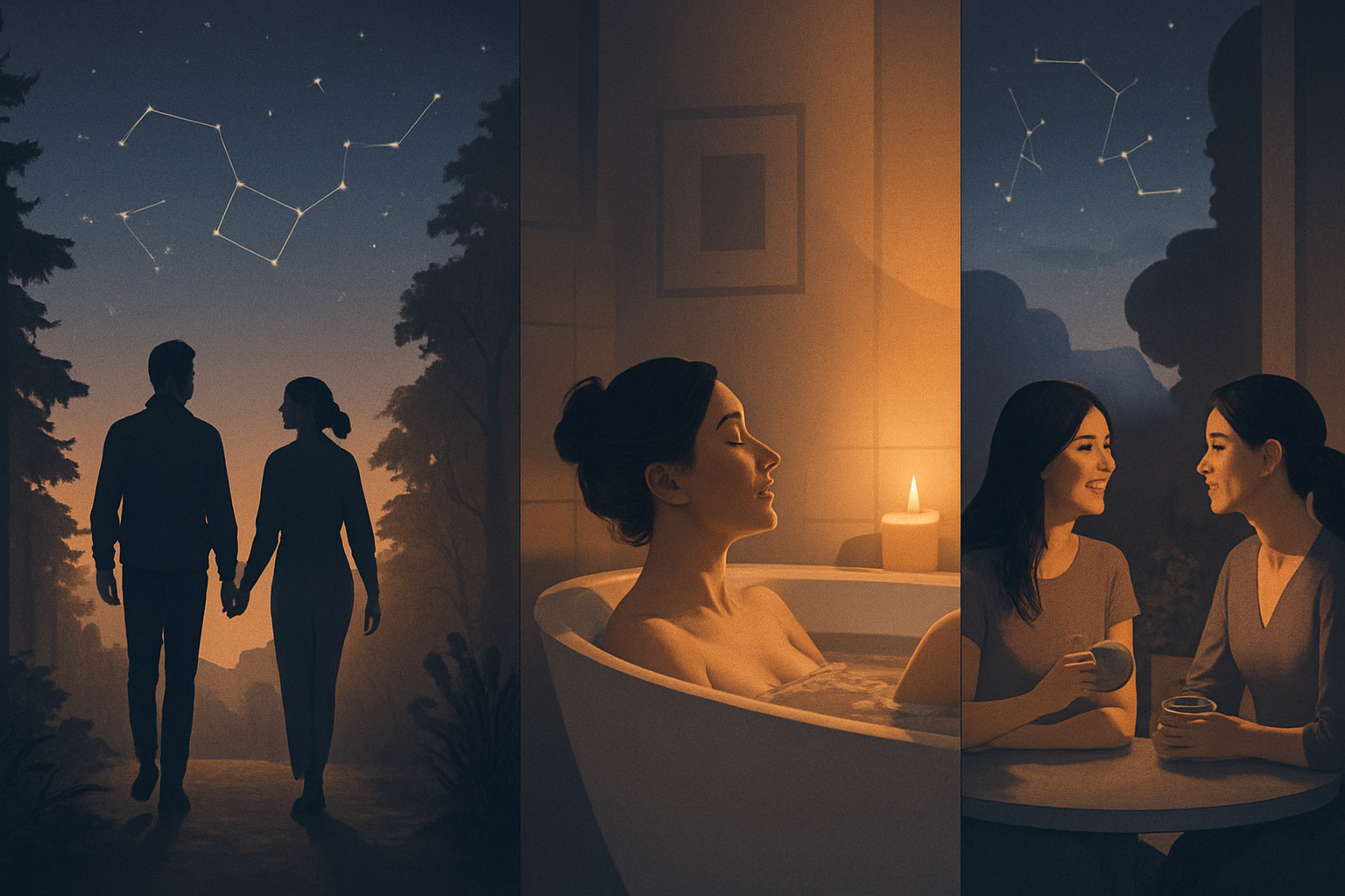 znak zodiaku a sposób odpoczywania — Trzy sposoby odpoczynku: spacer pod gwiazdami, relaks w kąpieli przy świecy oraz rozmowa przy kawie
