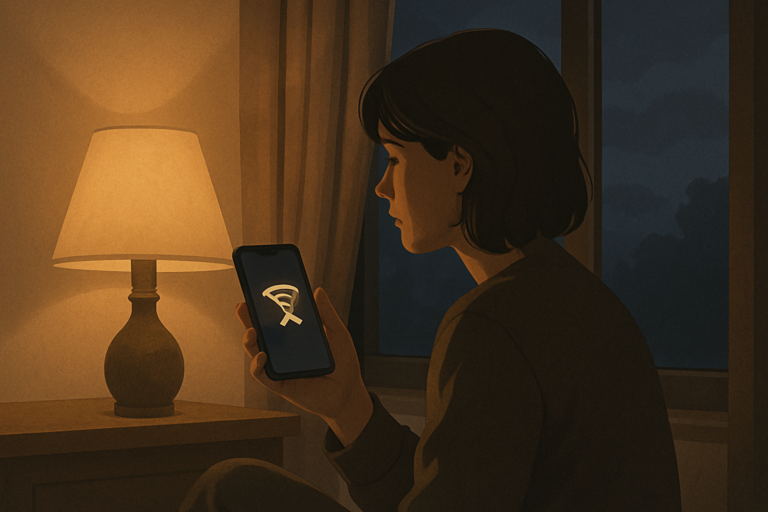 Zerwane połączenie Wi‑Fi Osoba siedząca przy lampie trzyma telefon z symbolem zerwanego połączenia Wi‑Fi; za oknem widać noc.