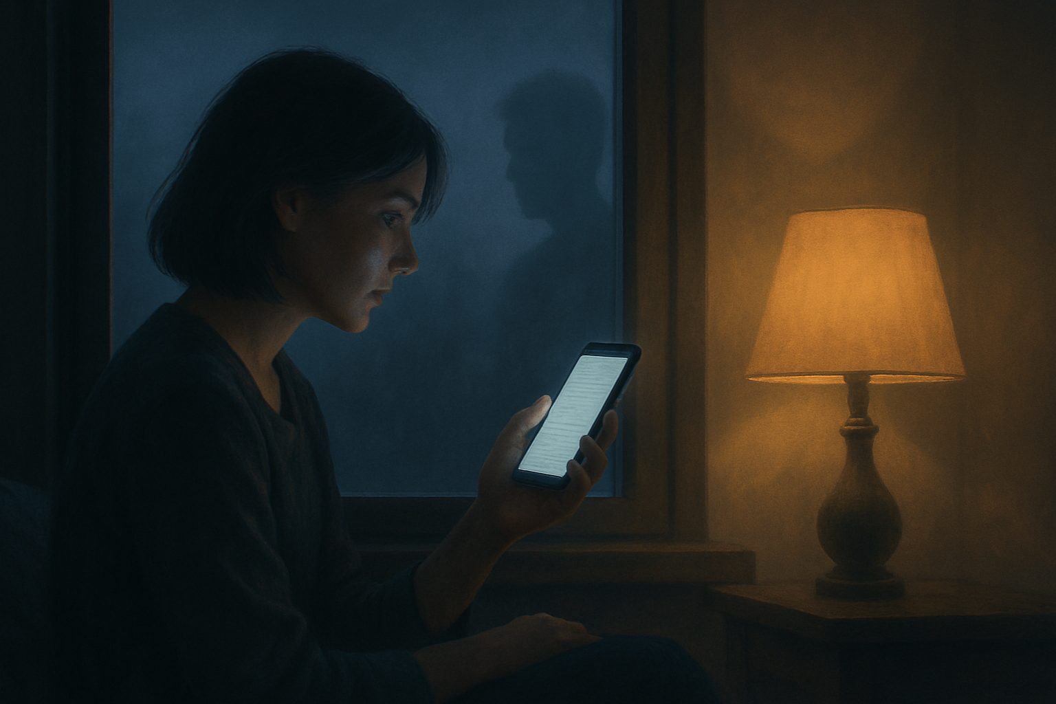 sen o wiadomości od zmarłej osoby — Kobieta wieczorem odczytuje wiadomość na telefonie, a na szybie za nią widać zarys ludzkiej sylwetki; symboliczna ilustracja snu o wiadomości od