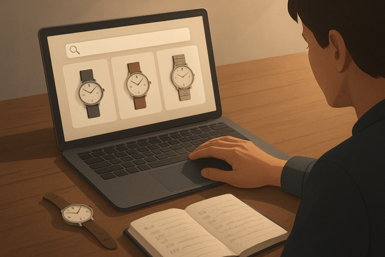 Osoba przegląda na laptopie różne zegarki, a obok leżą zegarek na rękę i otwarty notes.