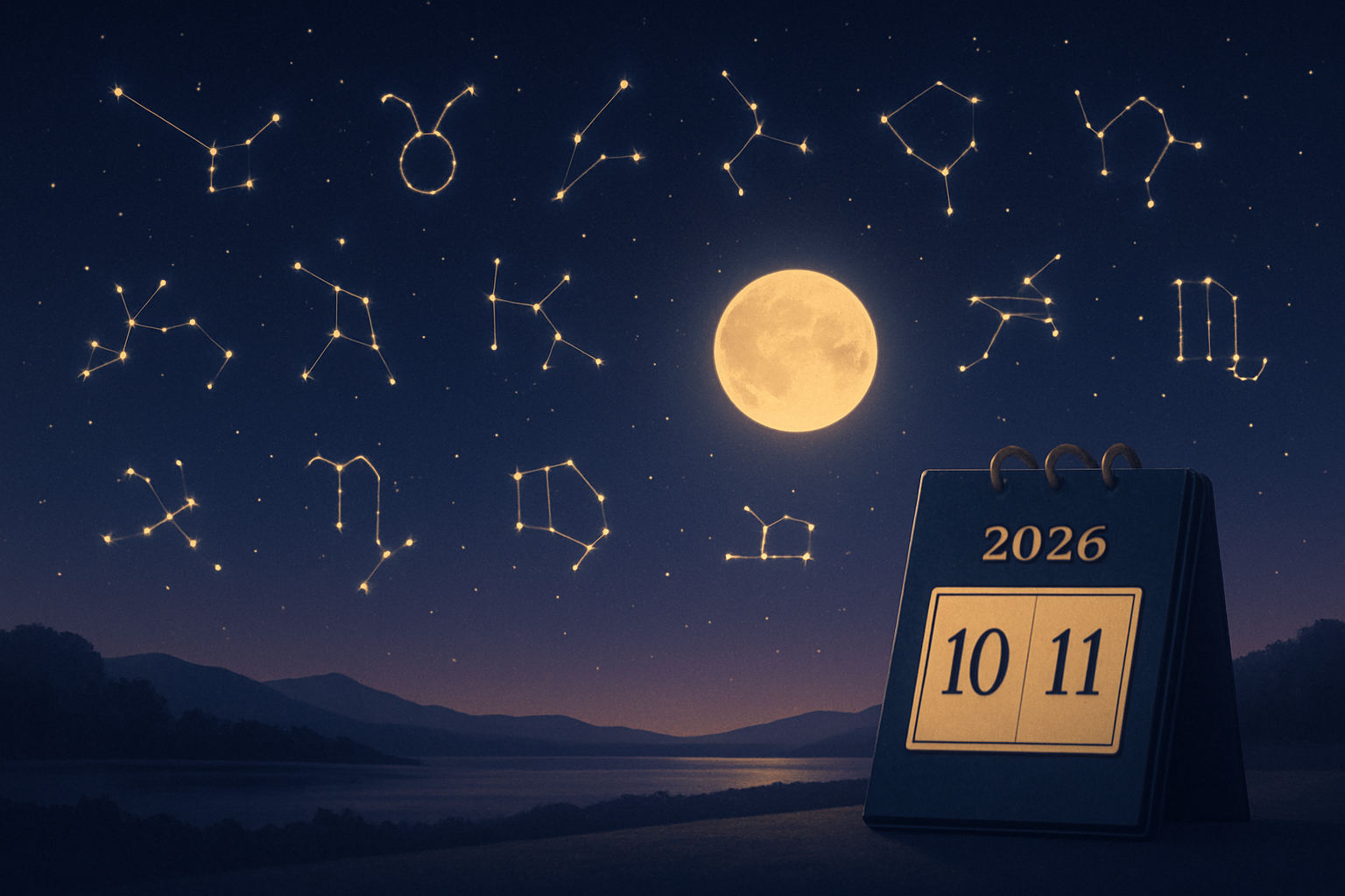Horoskop tygodniowy 26 października–1 listopada 2026 z konstelacjami, Księżycem i kalendarzem wskazującym październik oraz listopad