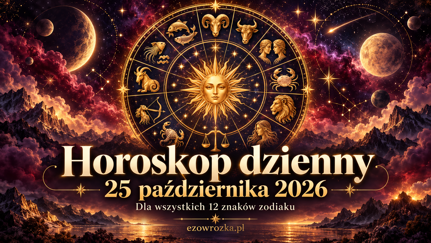 Baner z kołem zodiaku i napisem „Horoskop dzienny – 25 października 2026” dla wszystkich 12 znaków zodiaku.