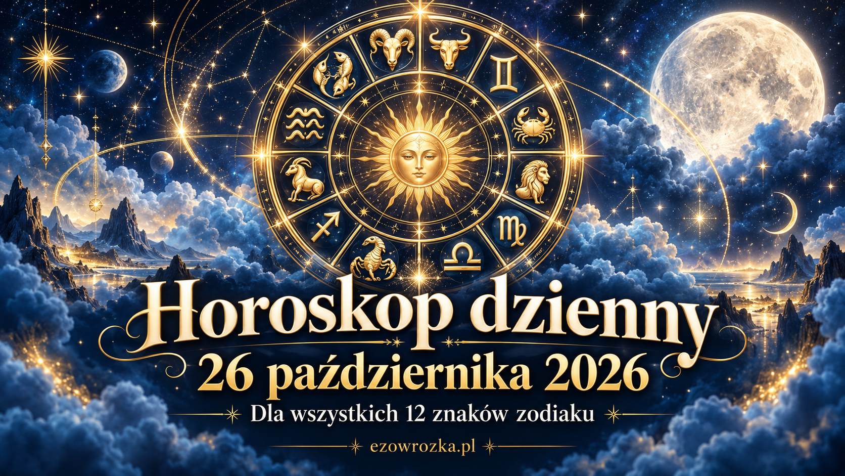 Horoskop dzienny na 26 października 2026 dla wszystkich znaków zodiaku, przedstawiony na tle astrologicznego koła i księżycowego nieba