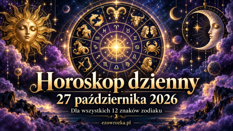 Ilustracja horoskopu dziennego na 27 października 2026 roku z kołem zodiaku, słońcem i księżycem na tle gwiaździstego nieba