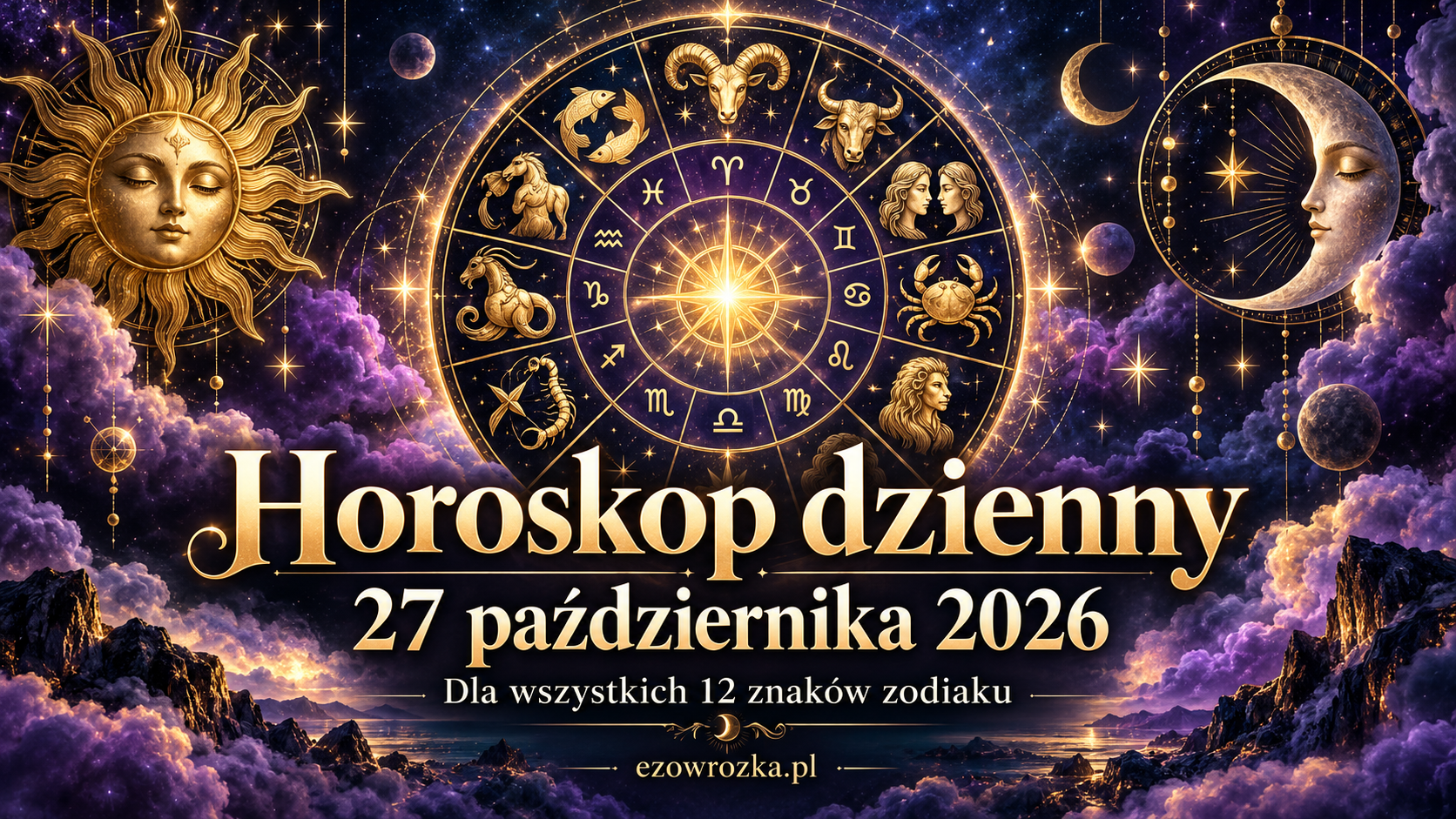 Horoskop dzienny 27 października 2026 dla wszystkich 12 znaków zodiaku, z kołem astrologicznym oraz symbolami Słońca i Księżyca