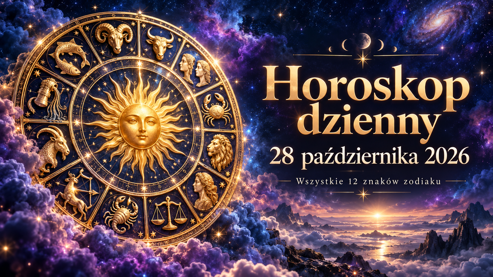 Zodiakalne koło z symbolami znaków na tle gwiaździstego nieba oraz napis „Horoskop dzienny, 28 października 2026”.