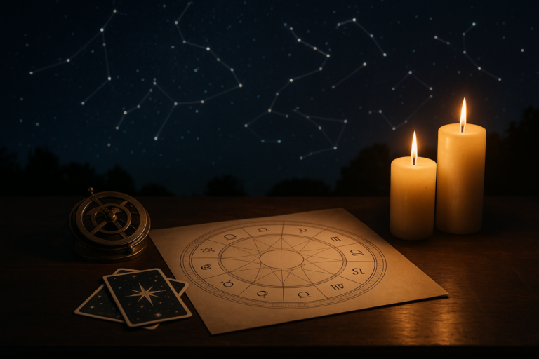 Rozłożona karta zodiaku, karty tarota i kompas obok dwóch zapalonych świec na tle nocnego nieba z gwiazdozbiorami