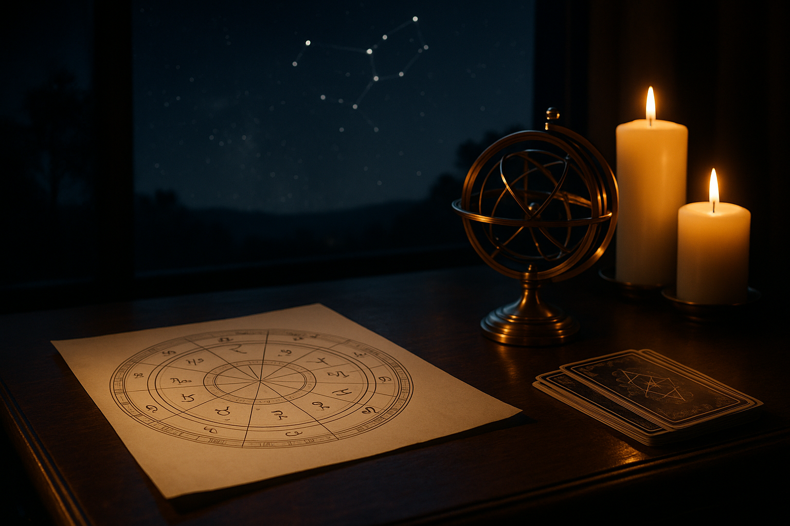 Rozłożona mapa astrologiczna na drewnianym stole obok mosiężnej sfery armilarnej, dwóch zapalonych świec i kart na tle nocnego nieba