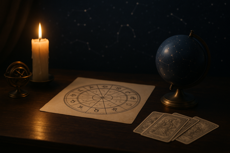 Karta astrologiczna, globus nieba, świece i karty tarota na ciemnym drewnianym stole