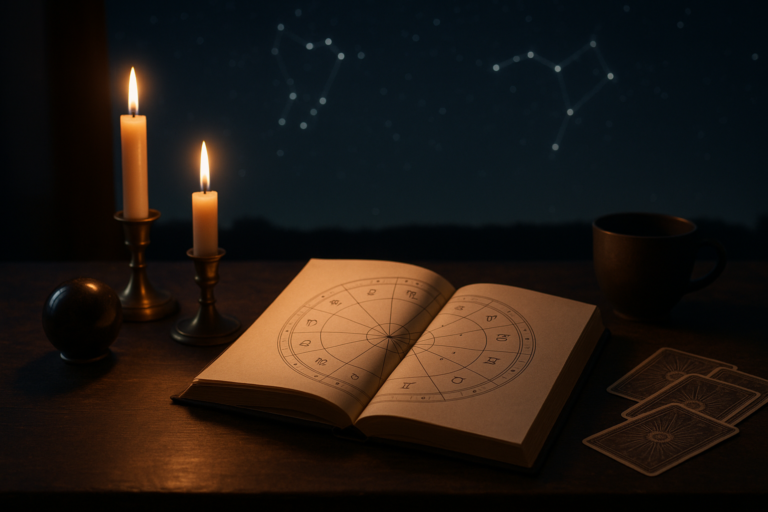 Otwarta księga z astrologicznymi diagramami na drewnianym stole, obok dwóch zapalonych świec, filiżanki i kart.