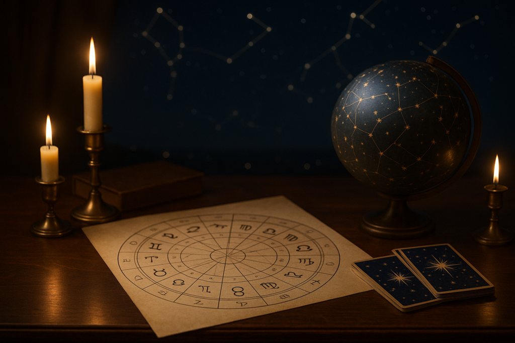 Horoskop dzienny 3 sierpnia 2026 przedstawiony jako astrologiczna mapa zodiaku, globus nieba i karty tarota przy świecach