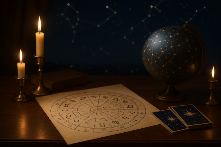 Astrologiczny diagram zodiaku na stole obok globusa nieba, kart i zapalonych świec