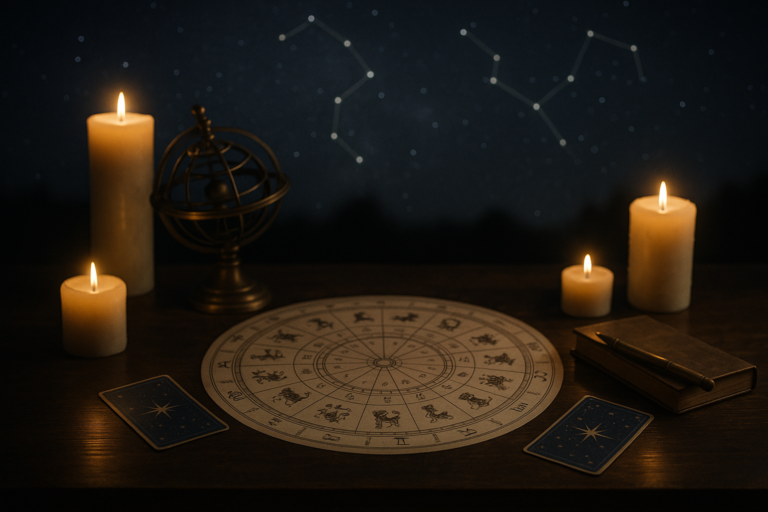 Okrągła mapa zodiaku na drewnianym stole, otoczona zapalonymi świecami, kartami i astrolabium na tle nocnego nieba