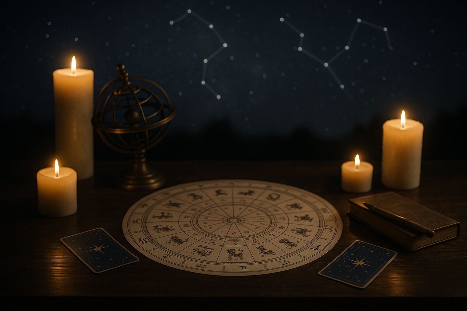 Horoskop dzienny 4 sierpnia 2026 na tle astrologicznej mapy zodiaku, świec i kart symbolizujących przepowiednię