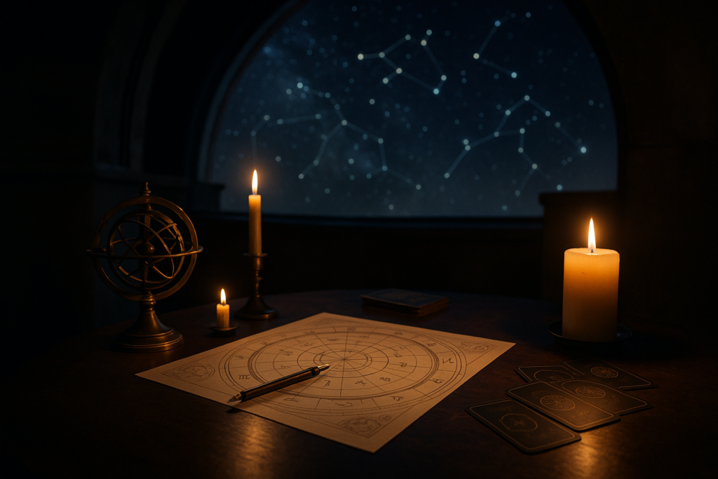 Horoskop dzienny 6 sierpnia 2026 przy mapie astrologicznej, kartach i świecach na tle rozgwieżdżonego nieba