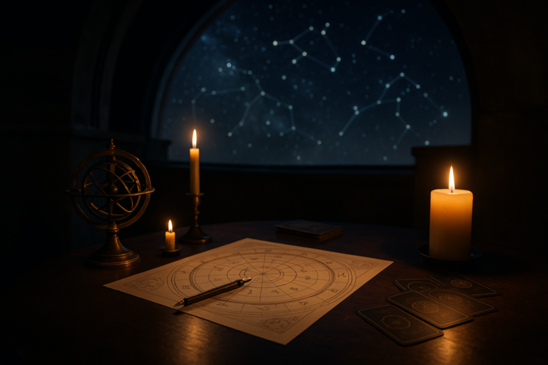 Mapa nieba i przyrządy astronomiczne na biurku przy świecach, na tle gwiazdozbiorów widocznych przez okno