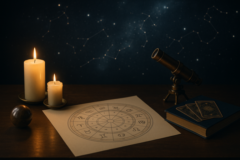 Zapalone świece, teleskop, karty i mapa astrologiczna na drewnianym stole na tle gwiaździstego nieba