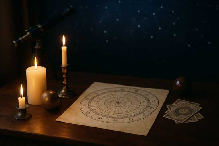 Stół z zapalonymi świecami, lunetą oraz rozłożoną kartą astrologiczną i kartami do wróżenia