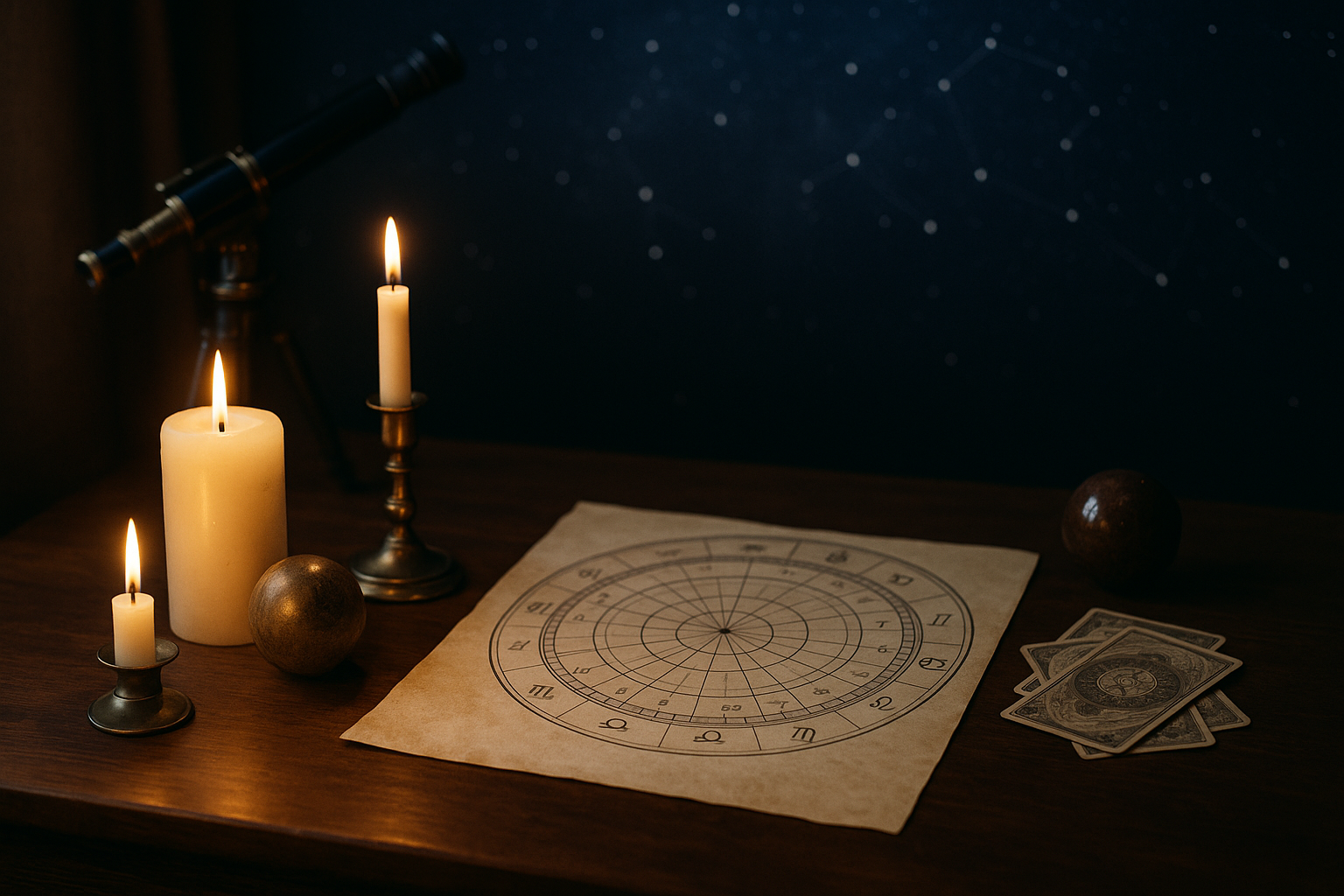 Horoskop dzienny 9 sierpnia 2026 przy astrologicznym stole z kołem zodiaku, świecami, teleskopem i kartami