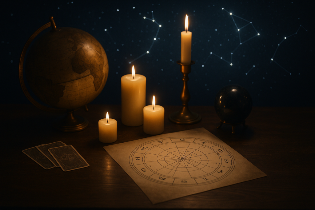Astrologiczna mapa dnia Horoskop dzienny 10 sierpnia 2026 przedstawiony symbolicznie za pomocą mapy astrologicznej, świec i konstelacji