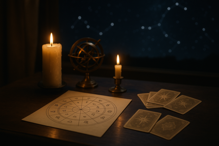 Oświetlony świecami stół z kartami tarota, astrologicznym diagramem i ozdobnym globusem na tle nocnego nieba