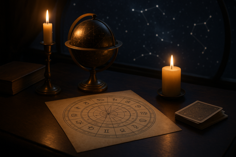 Oświetlony świecami stół z globusem astronomicznym, mapą znaków zodiaku i talią kart.