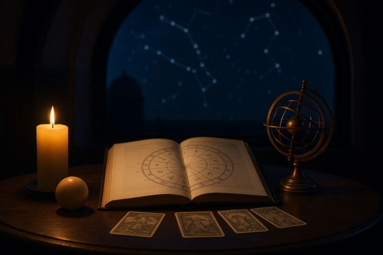 Otwarta stara księga z mapami nieba, świece, karty i dekoracyjny globus astronomiczny na ciemnym stole