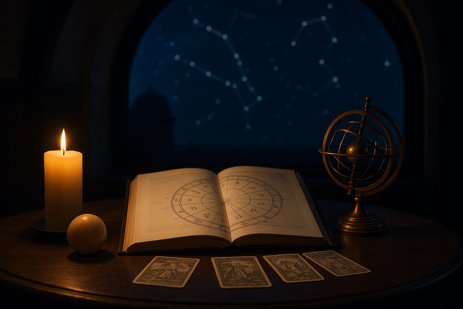 Horoskop dzienny 16 sierpnia 2026 – otwarta księga zodiaku, karty tarota i sfera armilarna przy świecy